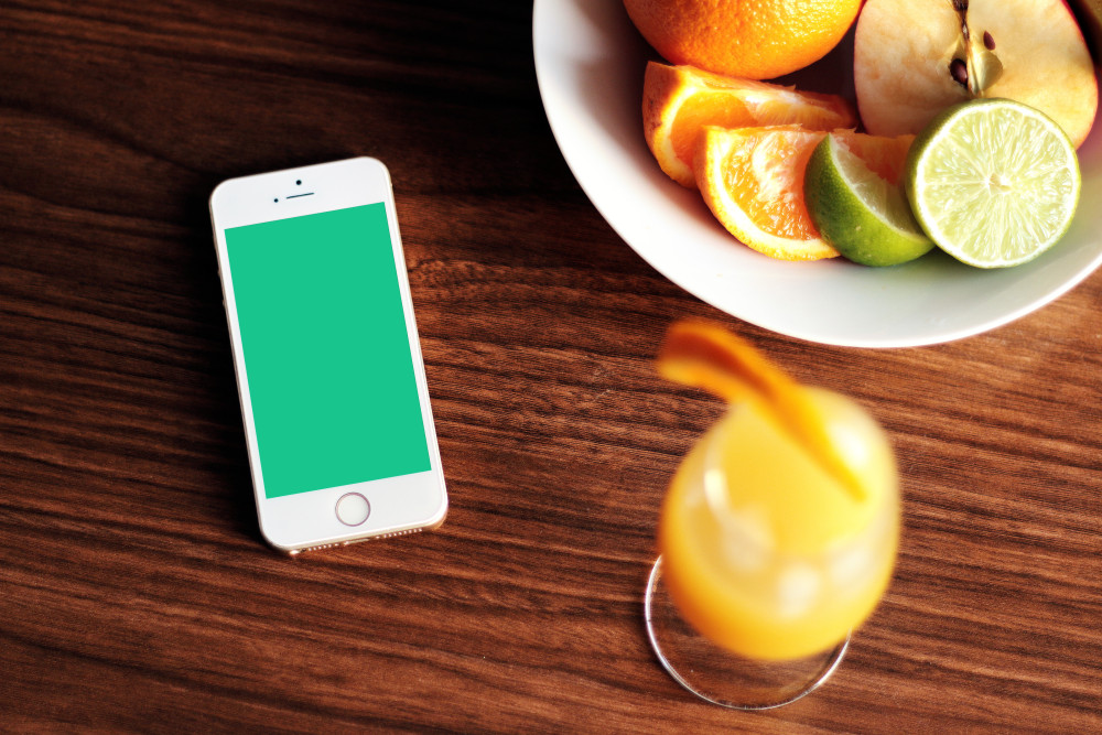 Public Domain Images ? iPhone Apple Fruit Orange Lime Drink Wood Table Bowl